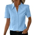 thumbnail image 2 of ClodeEU Women's Collared V Neck Short Sleeve Button Shirt with Lace Trim,Casual Fitted Work Shirt for Office Sky Blue,Women's Plus XL, 2 of 7