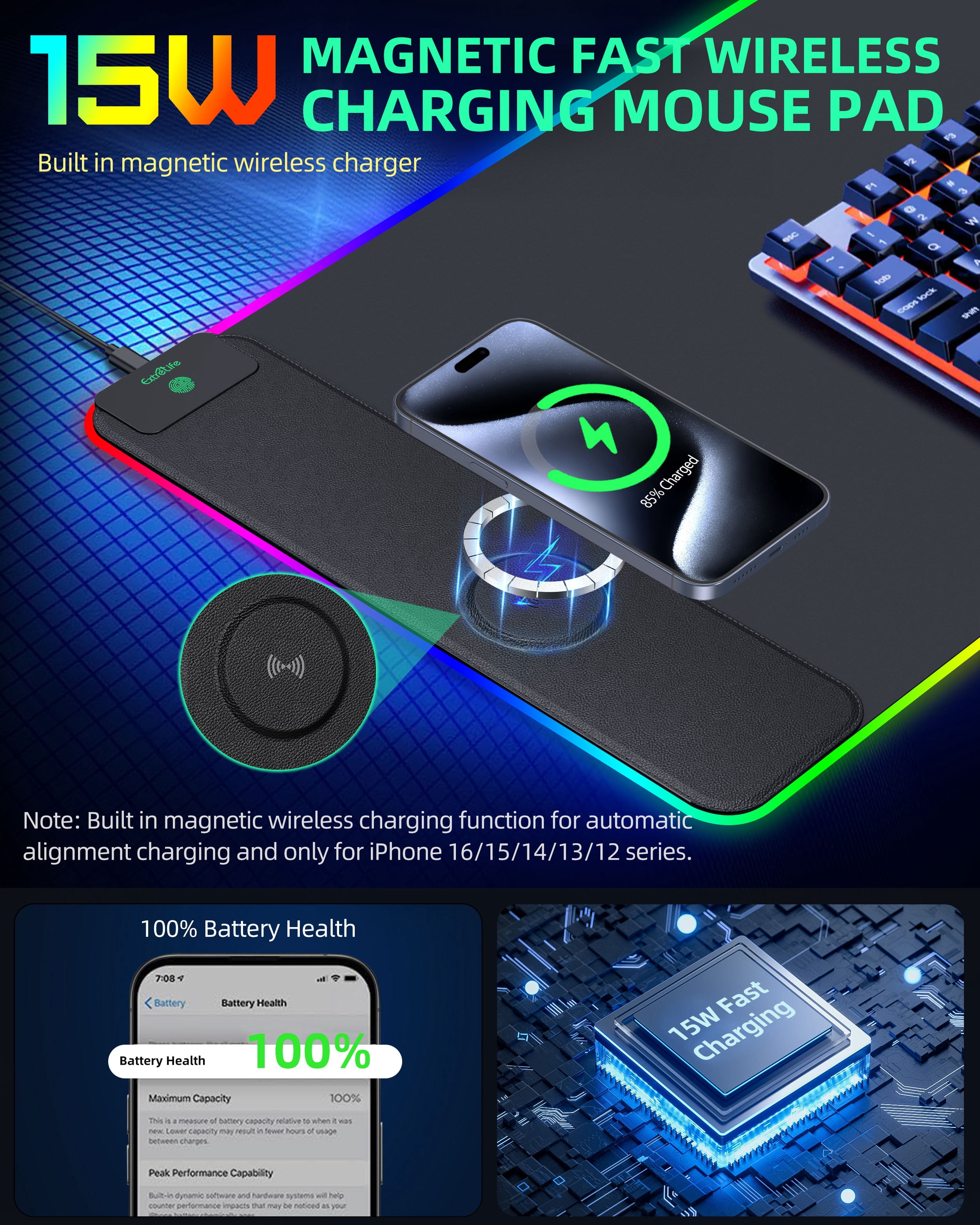 Extrelife RGB Gaming Mouse Pad with Magnetic Wireless Charger, 11 Lights Modes, LED Mouse Mat 15W Fast Charging for Home, Office, School