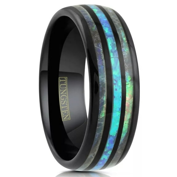 Hawaiian Blue Opal Tungsten Carbide Wedding Band Ring for Men & Women â€“ Black & Abalone Design