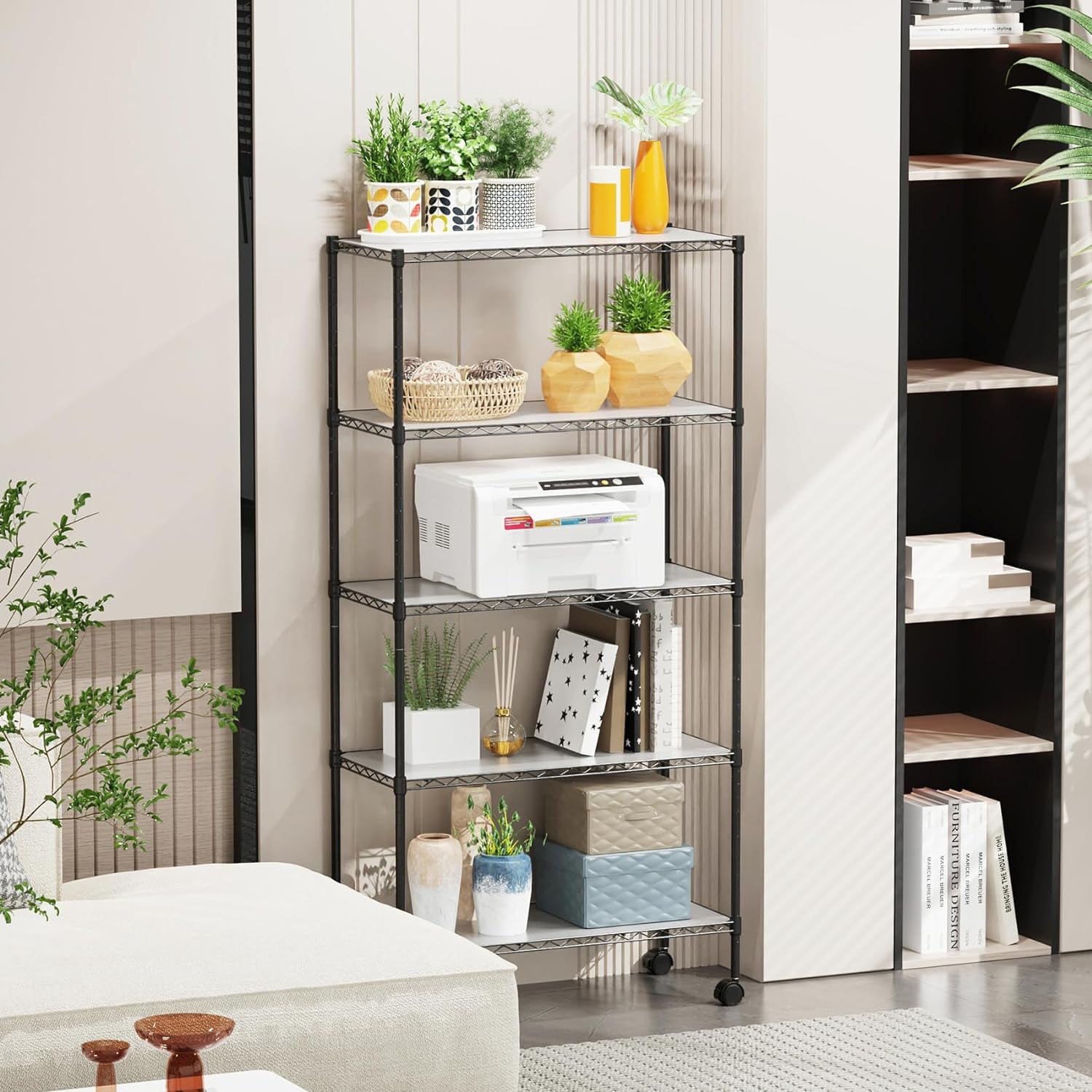 Miniyam NSF Wire Shelving Unit, 5 Tier 750lbs Capacity Storage Adjustable Rack with Wheels for Closet Kitchen, Black