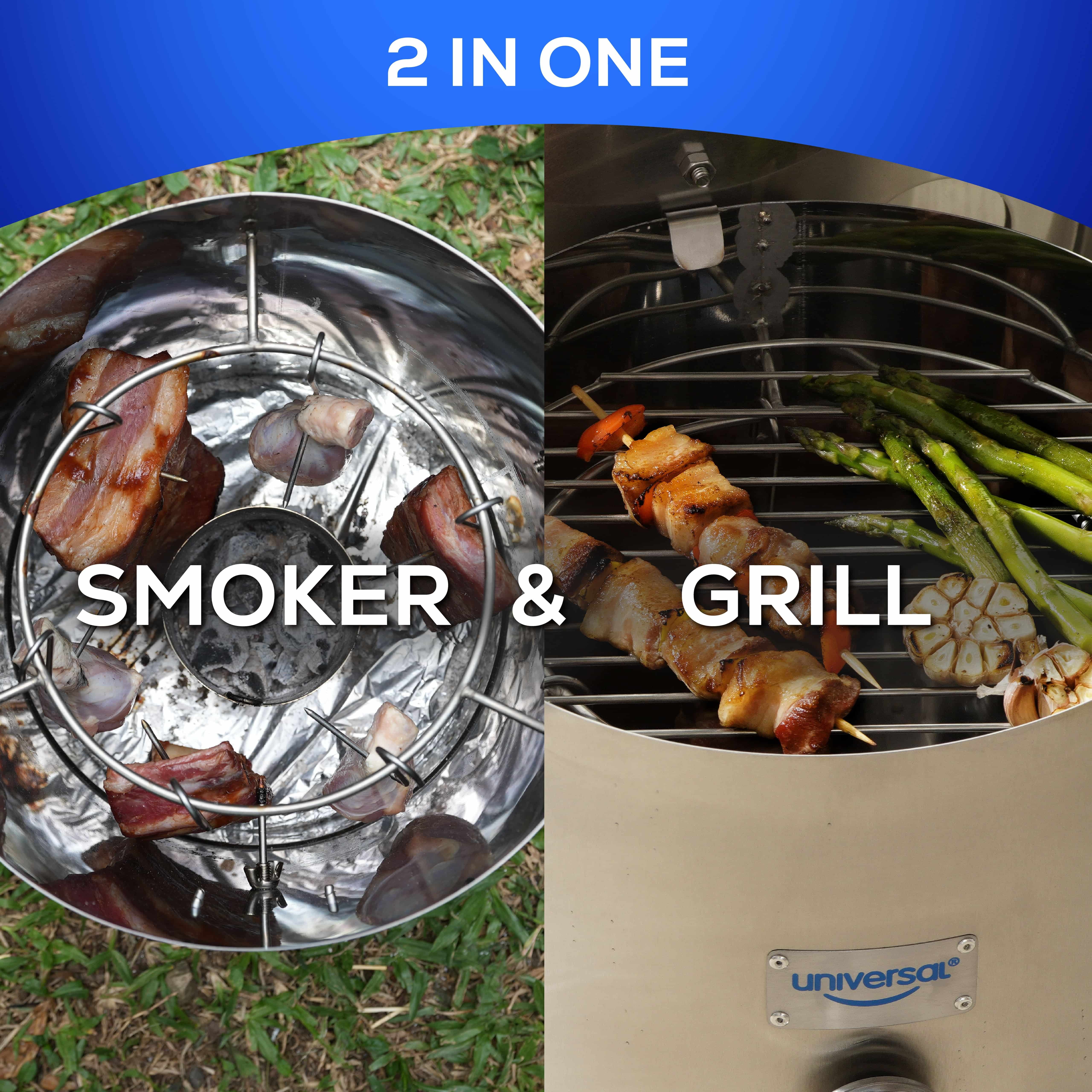 Universal (6-pound - Small) Stainless Steel Charcoal Barrel Smoker with Thermometer & Airlock system, 2 in 1 Vertical Smoker - Grill and Smoker, 6-servings
