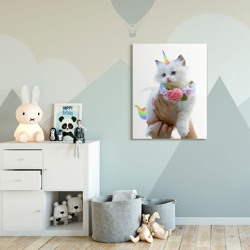 Stupell Industries Floral Kitten Fantasy Feline Rainbow Horn and Tail Canvas Wall Art Design by Ziwei Li