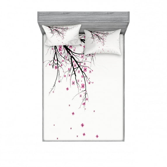 Nature Bedding Set with Sheet & Covers, Cherry Blossoming Falling Petals Flowers Springtime Park Simple Illustration Print, Printed Bedroom Decor 2 Shams, 4 Sizes, Pink Black, by Ambesonne
