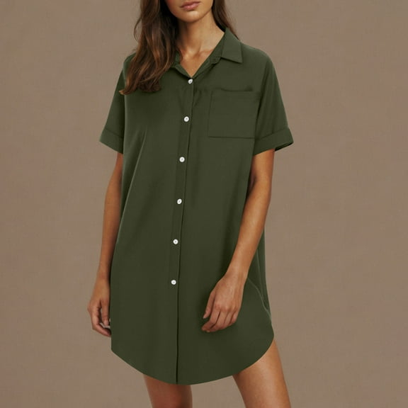 Penkiiy Women's Summer Button-Down Shirtdress - Cotton-Linen Mini Dress with Lapel Collar, Trendy Casual & Office Wear M Army Green