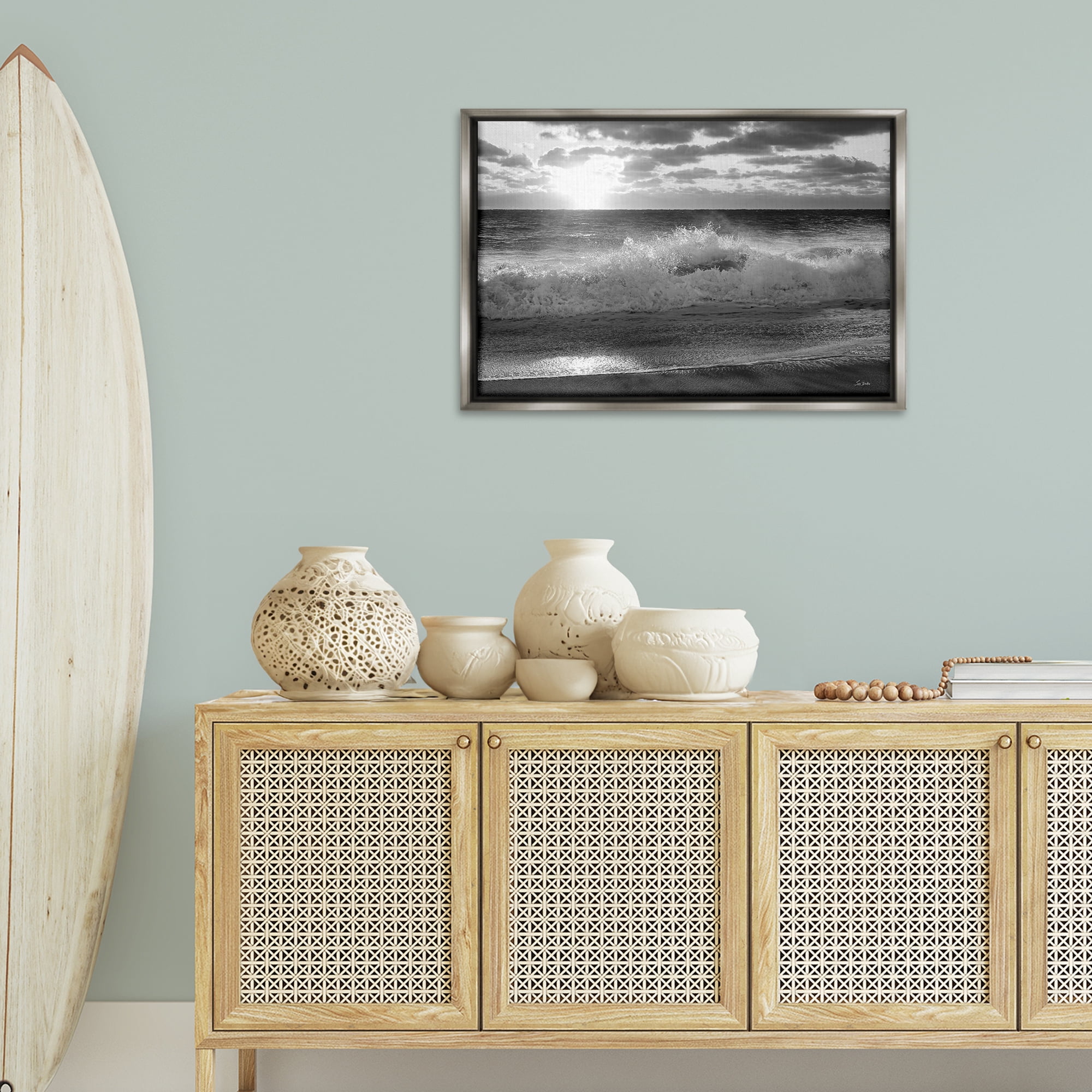 Stupell Industries Crashing Sea Waves Landscape & Nature Photography Gray Floater Framed Canvas Art Print Wall Art, 31 x 21