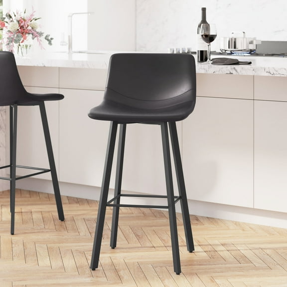 Merrick Lane Set of 2 Modern Black Faux Leather Upholstered Bar Stools with Contoured, Low Back Bucket Seats and Iron Frames