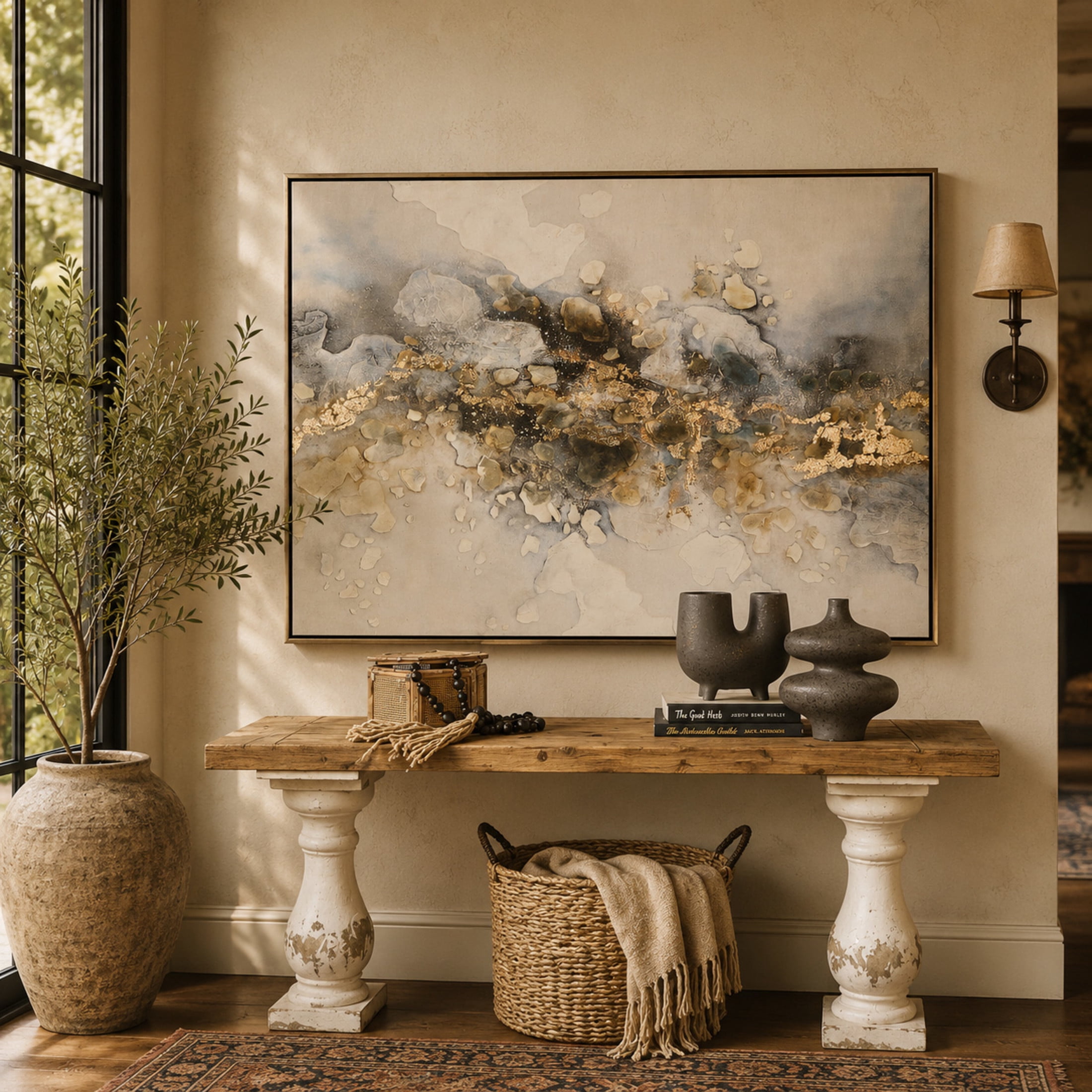 65" x 47" Watercolor Abstract Framed Wall Art with Gold Foil Accents, by DecMode