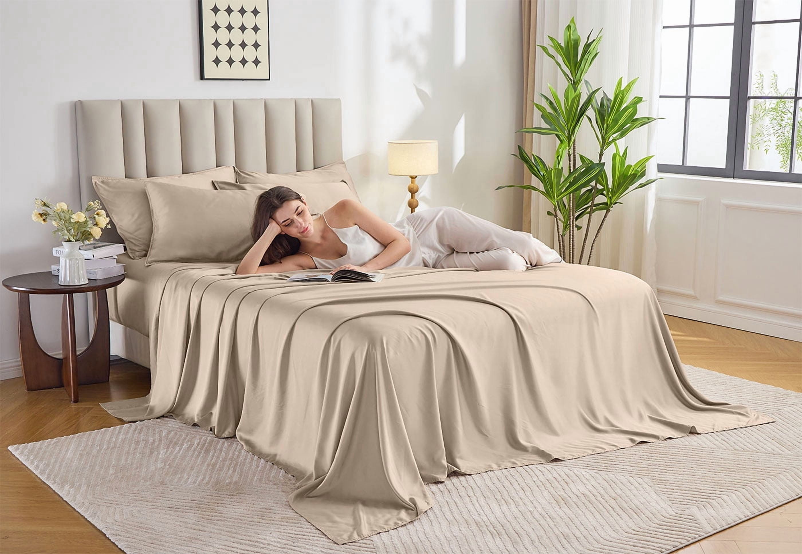 PURE BAMBOO Sheets Full Size Bed Sheets 4 Piece Set, Genuine 100% Organic Bamboo Viscose Derived, Soft & Cooling, Double Stitching, 16" Deep Pockets (Full, Almond)