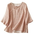 thumbnail image 2 of Blusa de lino con estampado Honeeladyy para mujer, informal, de primavera y verano, con mangas 3/4, cuello redondo y abertura lateral, para danza (Rojo, M), 2 of 5