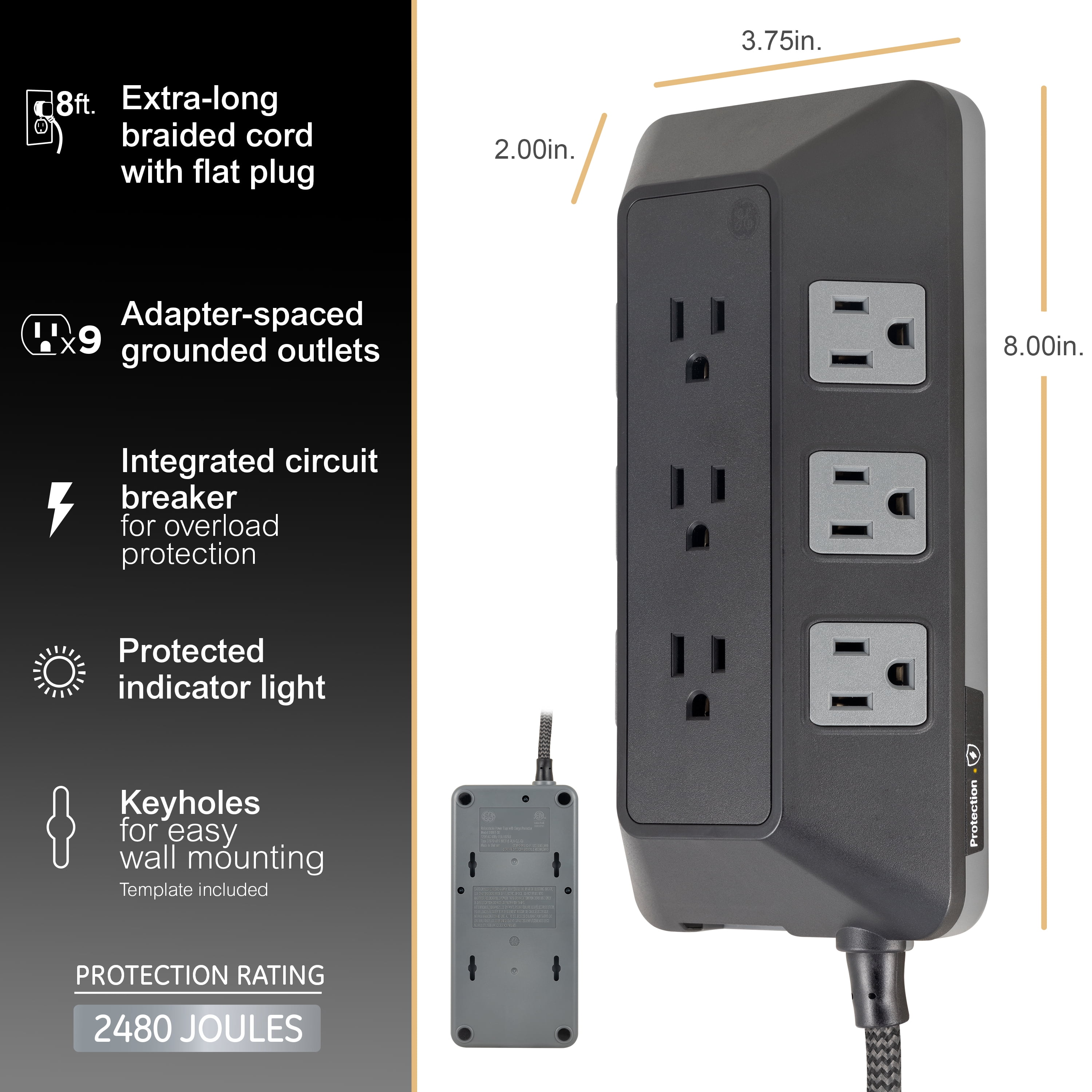 GE Adapt 9-Outlet Surge Protector Power Strip, 8ft Braided Cord, Black