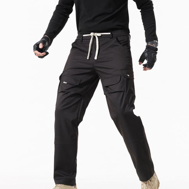 Ceisia Men Solid Color Fleece Multi Pocket Work Pants Loose Drawstring Gift Elastic Cuff Trousers