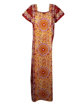 Mogul Women Boho Caftan Dress, Red Yellow Batik Print Maxi Dress, Maternity Dress, Cotton Kaftan Nightdress Loose Caftan Dress, Housedress 2XL