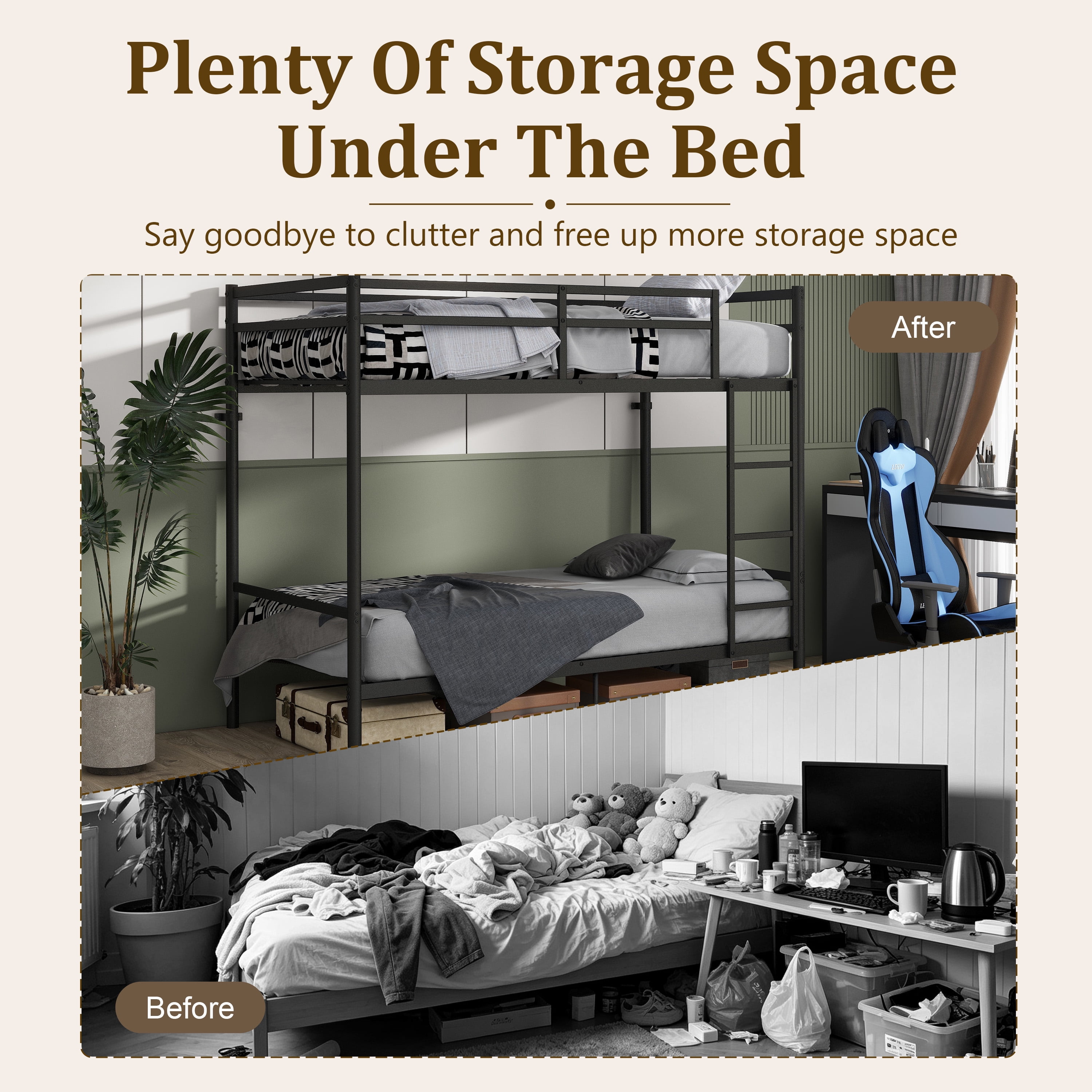 Metal bunk bed, suitable for children/teenagers/adults, with 14.29-inch high safety rails, 19 crossbars on each bunk, single-bunker support of 400 lbs or more, and storage space under the bed. Black