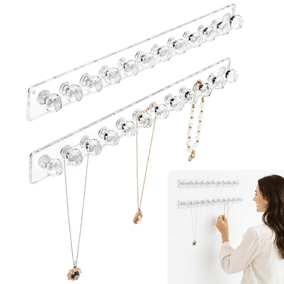 Clear Acrylic Necklace Organizer, Wall Necklace Holder, Necklace Holder Organizer, Necklace Hanger, Necklace Holder Wall, Wall‑Mount Jewelry Hooks for Necklaces, Bracelets & Chains, 2‑Pack