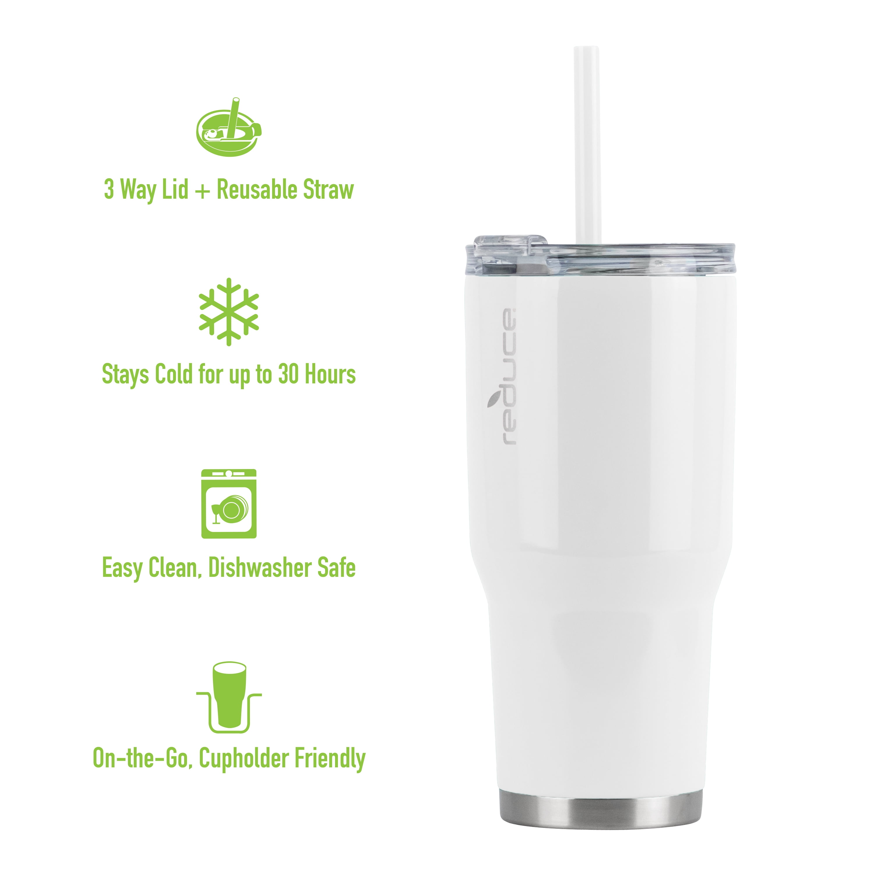 Reduce Cold-1 34 oz. Stainless Steel Travel Tumbler Cup w/ Straw 01526  (White)