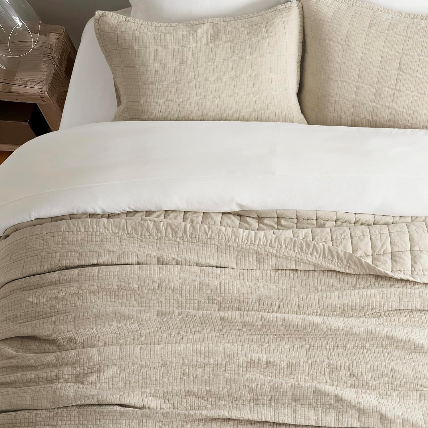 EVERGRACE Stonewashed Cotton Quilt Set Full Queen Size, Ultra Soft Oversized Bedspread Coverlet Set, Lightweight Crinkle Box Stitch Bedding Sets for All Season, with 2 Shams, Flax Beige