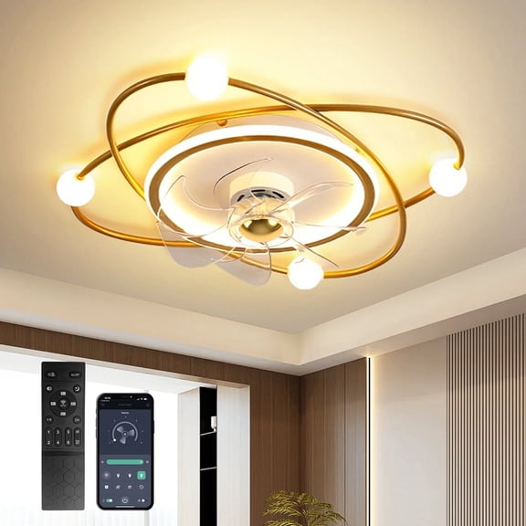 RRBEST Modern Ceiling Fan with Lighting, 58 Cm Dimmable LED Ceiling Lamp with Fan, 48 W Timer Ceiling Fan with Lamp for Living Room or Dining Room (Gold)