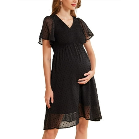 

Women Pregnant Dress Plain Dots Short Sleeve V-Neck Maternity Dress Ladies High Waist Pregnancy Photography Outfits