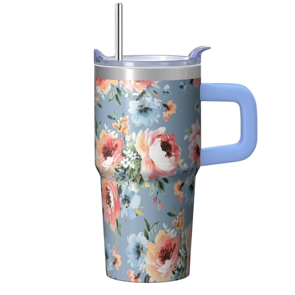 Elegant Floral Design 20oz Tumbler with Handle, Insulated Travel Coffee Cup with Straw Lid, Chinoiserie Gift for Women Friend