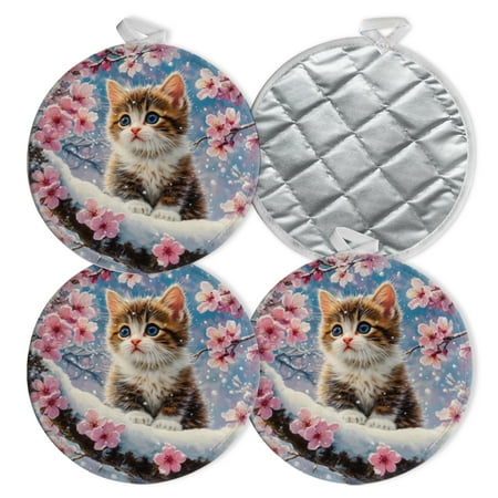 

4 PCS Pot Holders for Kitchen Potholders Sets with Hook for Oven Cooking Baking Cat Sits On The Cherry Blossom Tree