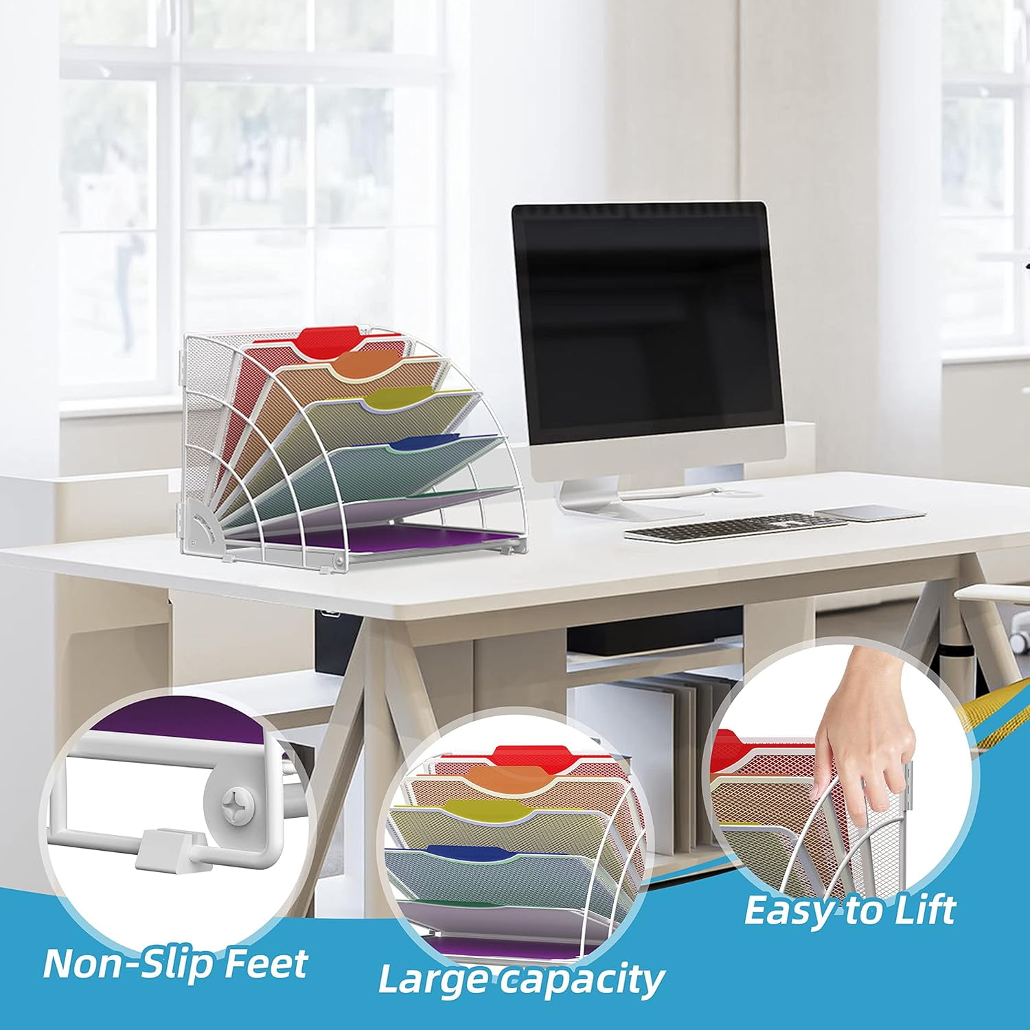 INTIGE Fan Shaped Desk File Organizer, 6 Compartments, Desktop Accessories for Workspace,White