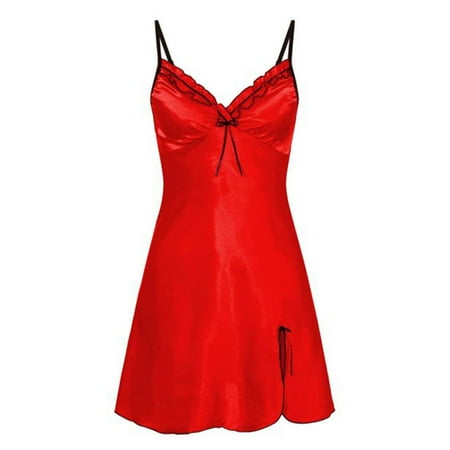 EKOUSN Womens Fashion Shapewear Full Figure Bras T-Shirt Bras Dress Satin Slip Silk Bow Solid Color Sexy Sleepwear Lingerie Dress Red L