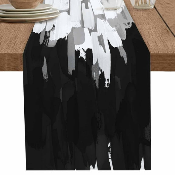 Abstract Black and White Graffiti Table Runner-70 Inch Long Modern Oil Painting Art Table Runners Linen Burlap Tablerunner for Kitchen Dining Room Holiday Party