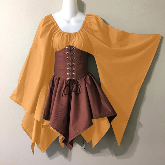 FcBaudy Robe Mi-Mollet à Manches Longues et Col Rond, Robes d'Été pour Femmes, Costumes Féminins, Robe Corset Rétro Gothique à Manches Longues, Robe Mi-Mollet à Col Rond pour Femmes