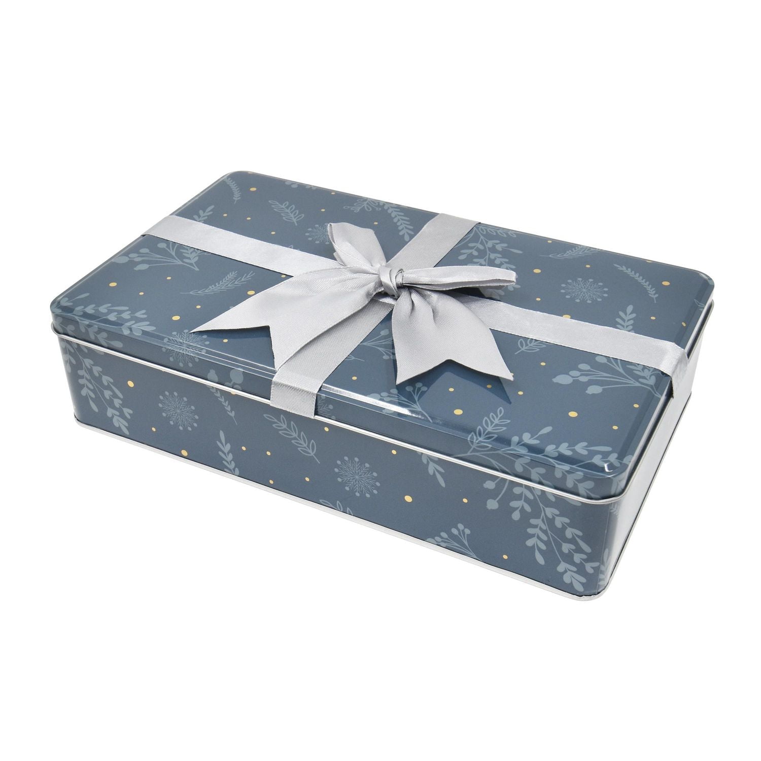 Holiday Time Christmas Blue Botanical Bow Rectangular Tin Gift Container Large, 10.2 x 6.3 x 2.5 inches, 1 count