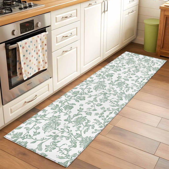 2'x6' Rug Runners for Hallways Kitchen, Green Flower Non Slip Entryway Beside Floor Carpet Runner, Farmhouse Vintage Boho Leaf Spring Washable Laundry Room Bedroom Throw Rugs Mat for Family Pet