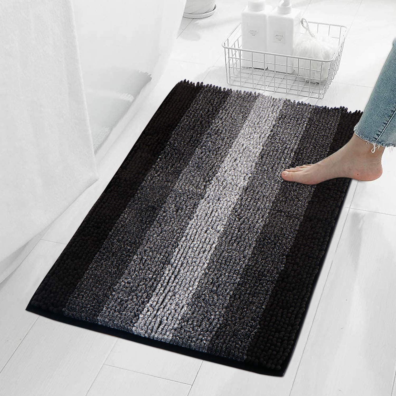 FUDAKUNA Fluffy Chenille Bathroom Rugs Anti-slip Absorbent Gradient Black Gray Stripes 19.6" x 31.5" Bath Mat Machine Washable