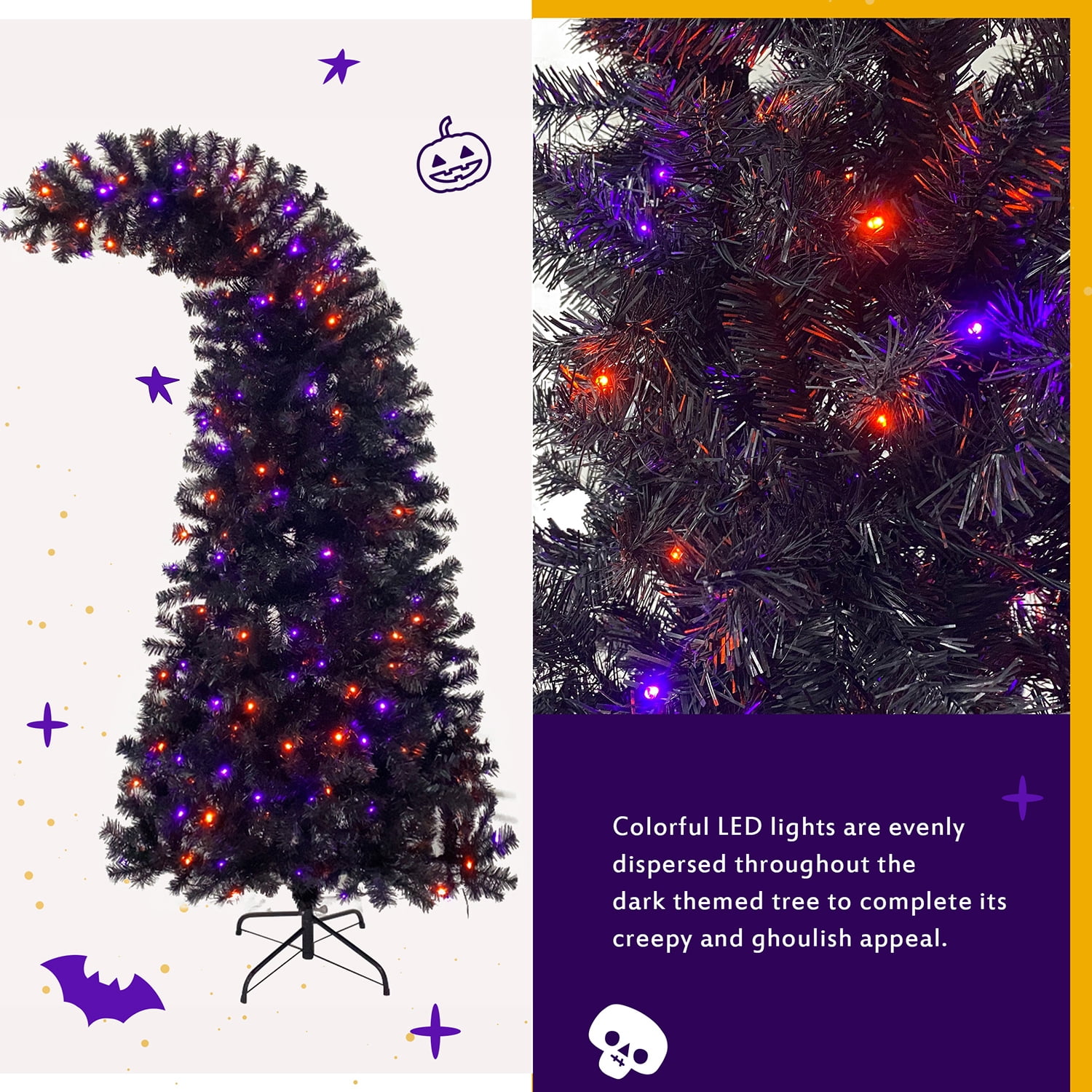 Kadyn 6ft Christmas Tree, Hinged Fraser Fir Artificial Fir Bent Top Christmas Tree, Pre-lit Slim Christmas Tree with LED Lights, Purple
