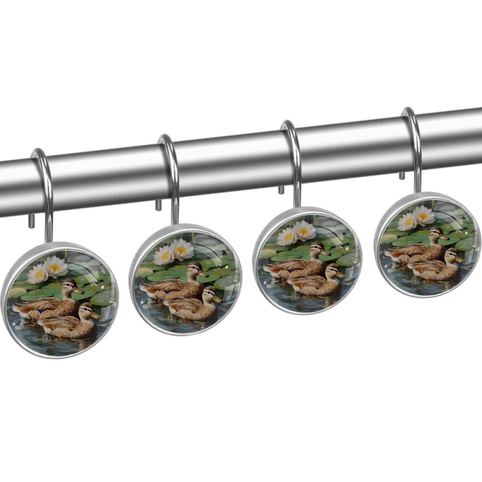 Ducks on Lotus Pond Shower Curtain Hooks Round Crystal Glass, Set of 12 Shower Curtain Rings - Shower Hooks for Curtain Shower Rings