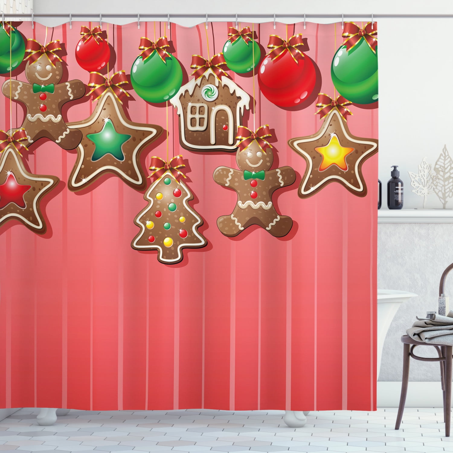 Christmas Gingerbread Man and Holly Fruit Bathroom Fabric Shower Curtain 71inch 