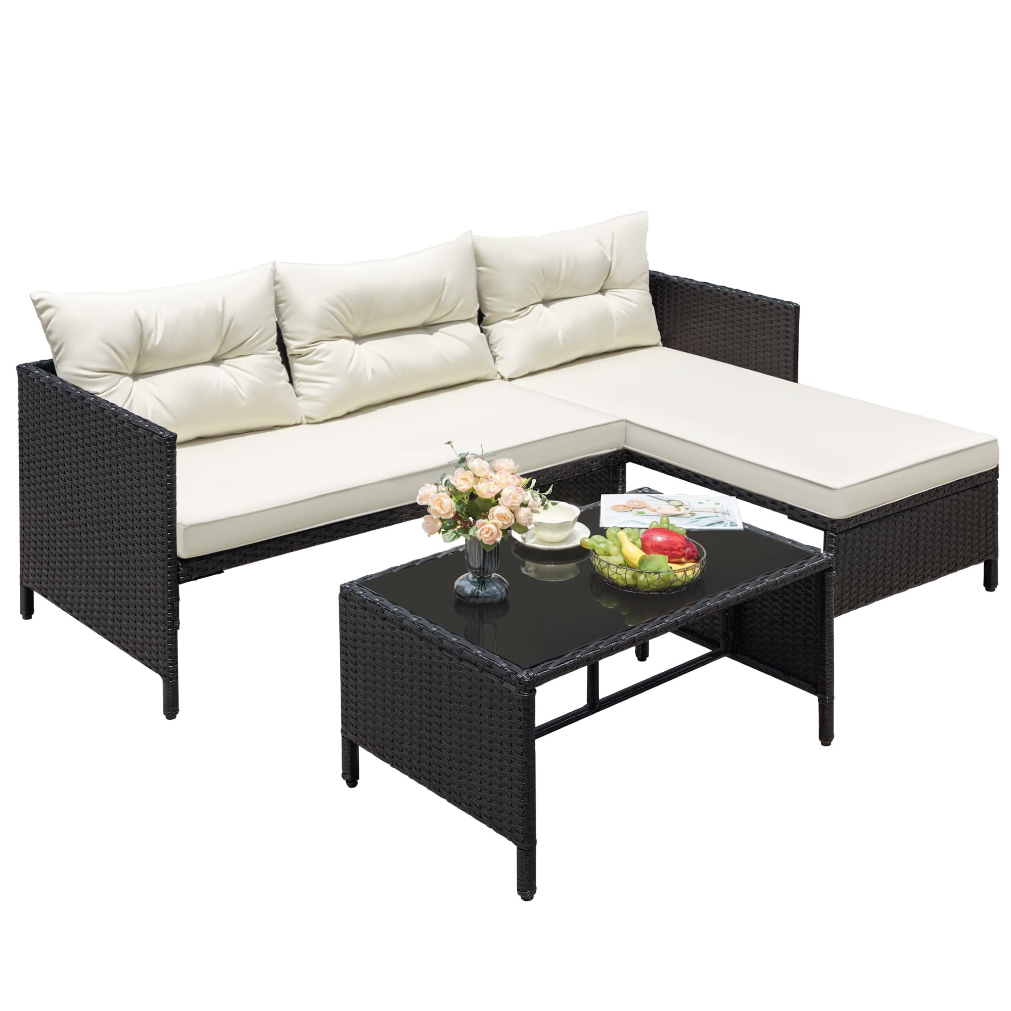 Aukfa Outdoor Patio Wicker Rattan Sectional Sofa with Table & Beige Cushions for Yard, Garden, Porch