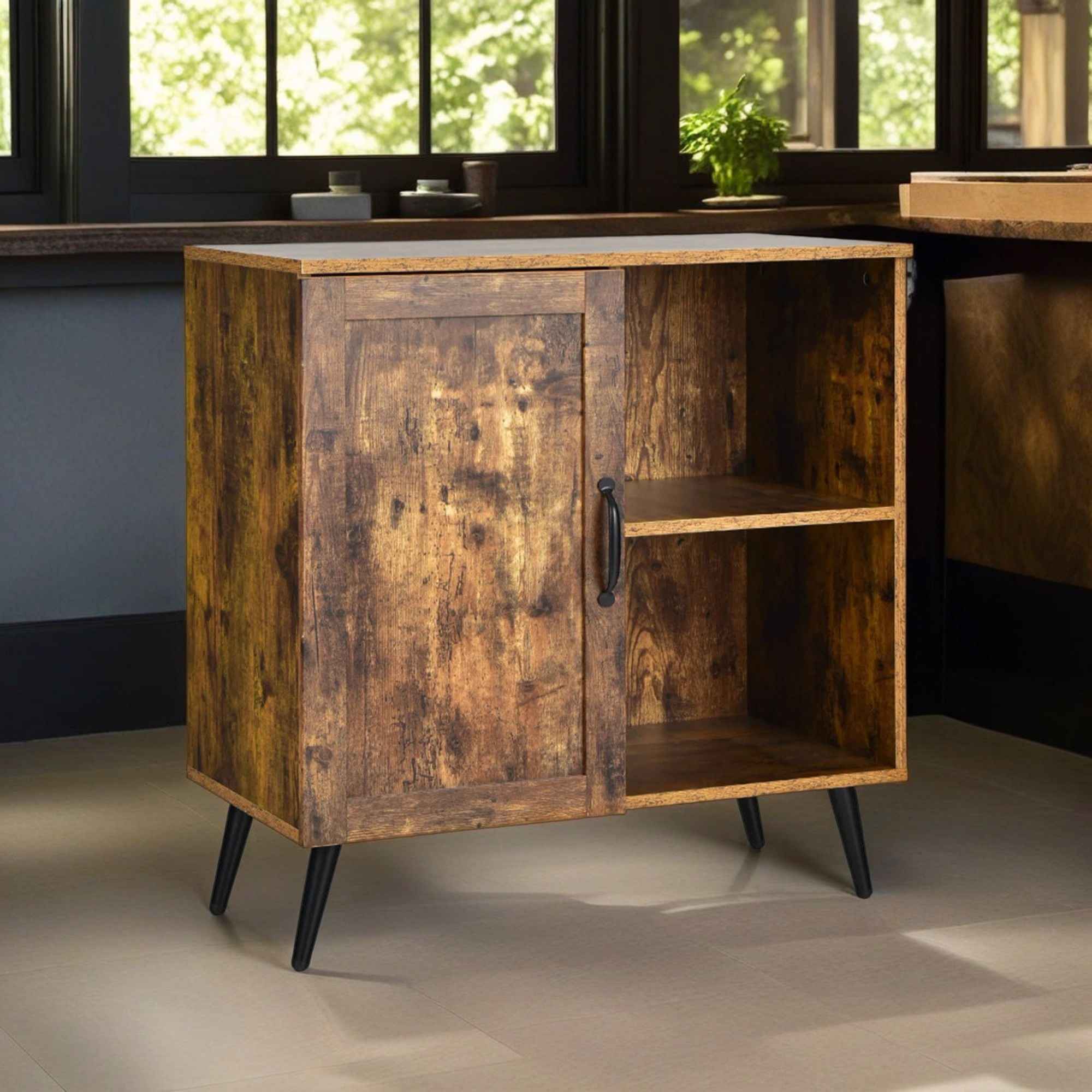 Demi Bonn Kitchen Storage Cabinet, Buffet Sideboard, Mid-century Storage Cabinet with Single Door and Adjustable Shelves, for Dining Room, Kitchen, Living Room, Brown