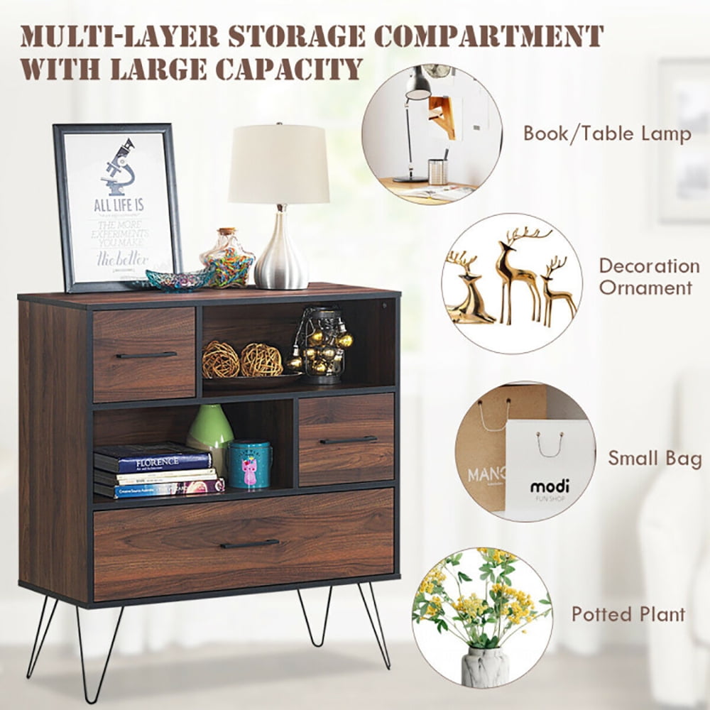 Finihen Storage Cabinet, 3-Tier Wood Storage Cabinet with Drawers and 4 Metal Legs, Cabinet for Living Room, Home, Office, Entryway, Brown