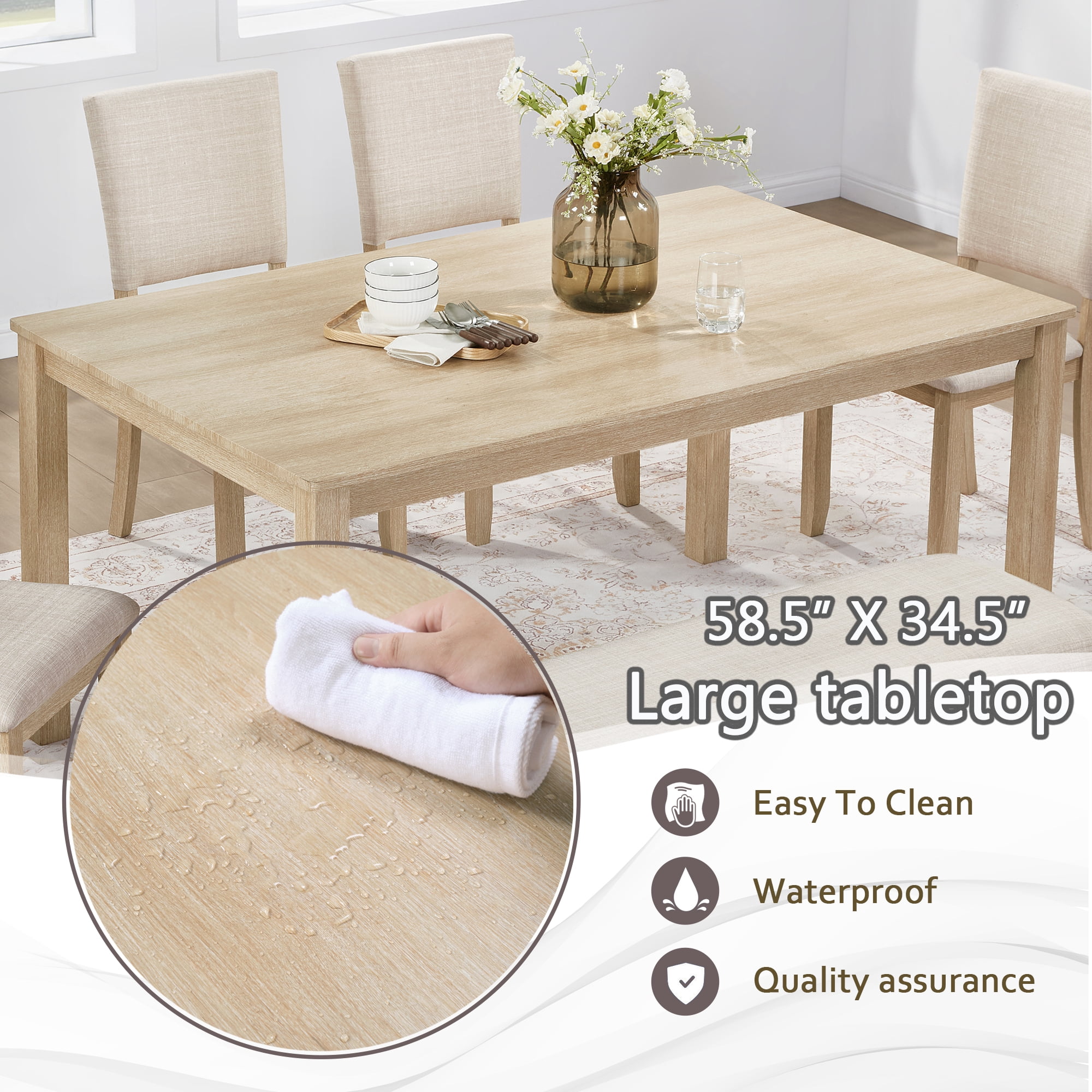 Gewnee Dining Set for 6,Farmhouse 6 Piece Dining Table Sets with Bench,Rectangle Wood Kitchen Table and 4 Upholstered Chairs.Light Oak & Beige