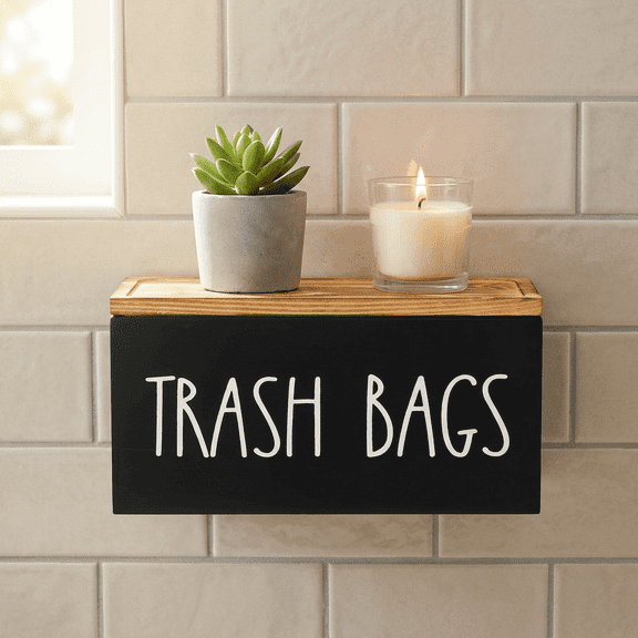 Wooden Trash Bag Organizer and Garbage Bag Dispenser Under Sink, Slide-Off Lid Trash Bag Holder and Dispenser for Cabinet Wall Mount, Fits Bag Rolls