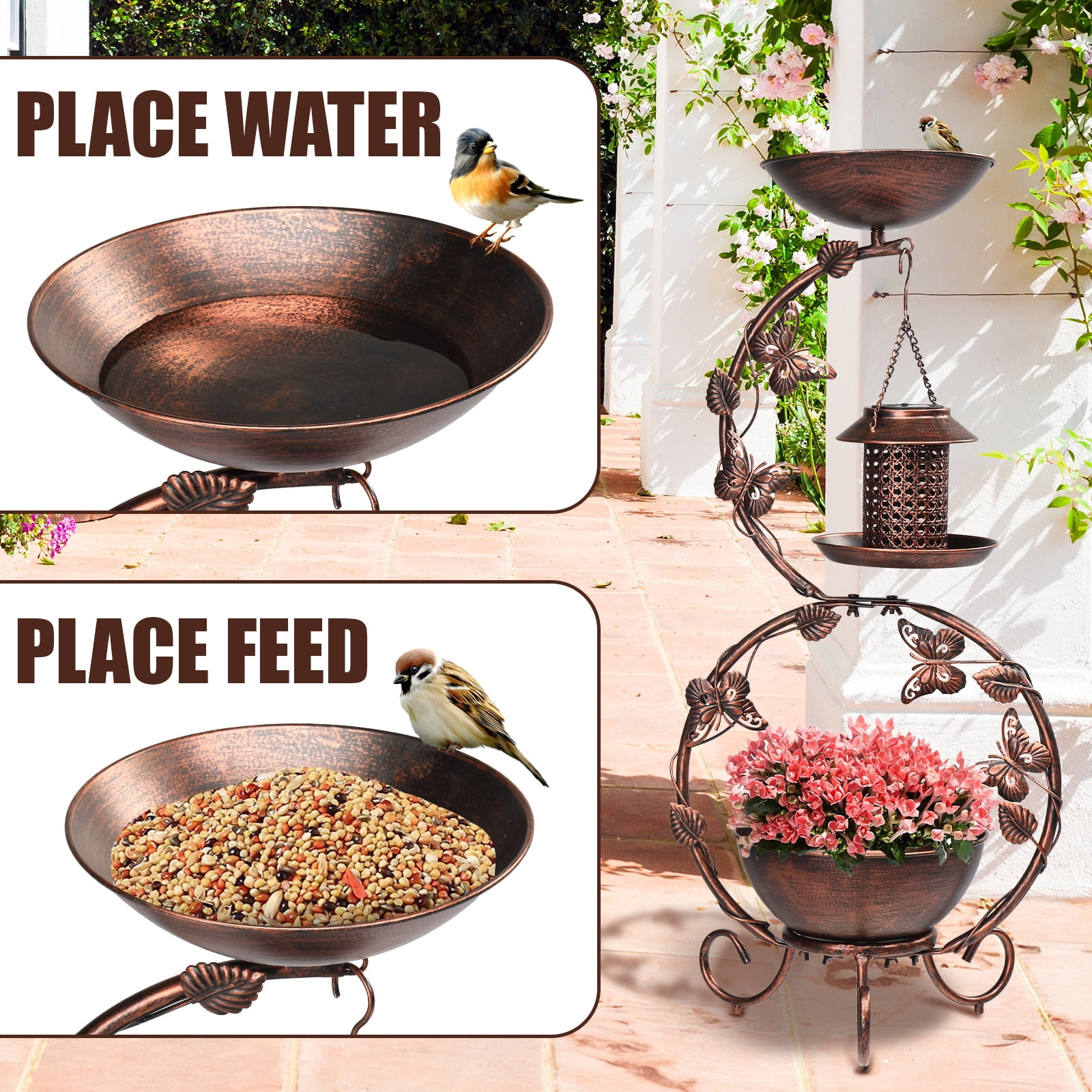 UBesGoo Weather Resistant Metal Bird Bath with Butterfly,  37.8" H Bird Bath,  Solar Feeder and Flower Planter Pedestal, Outdoor Garden Yard Decoration