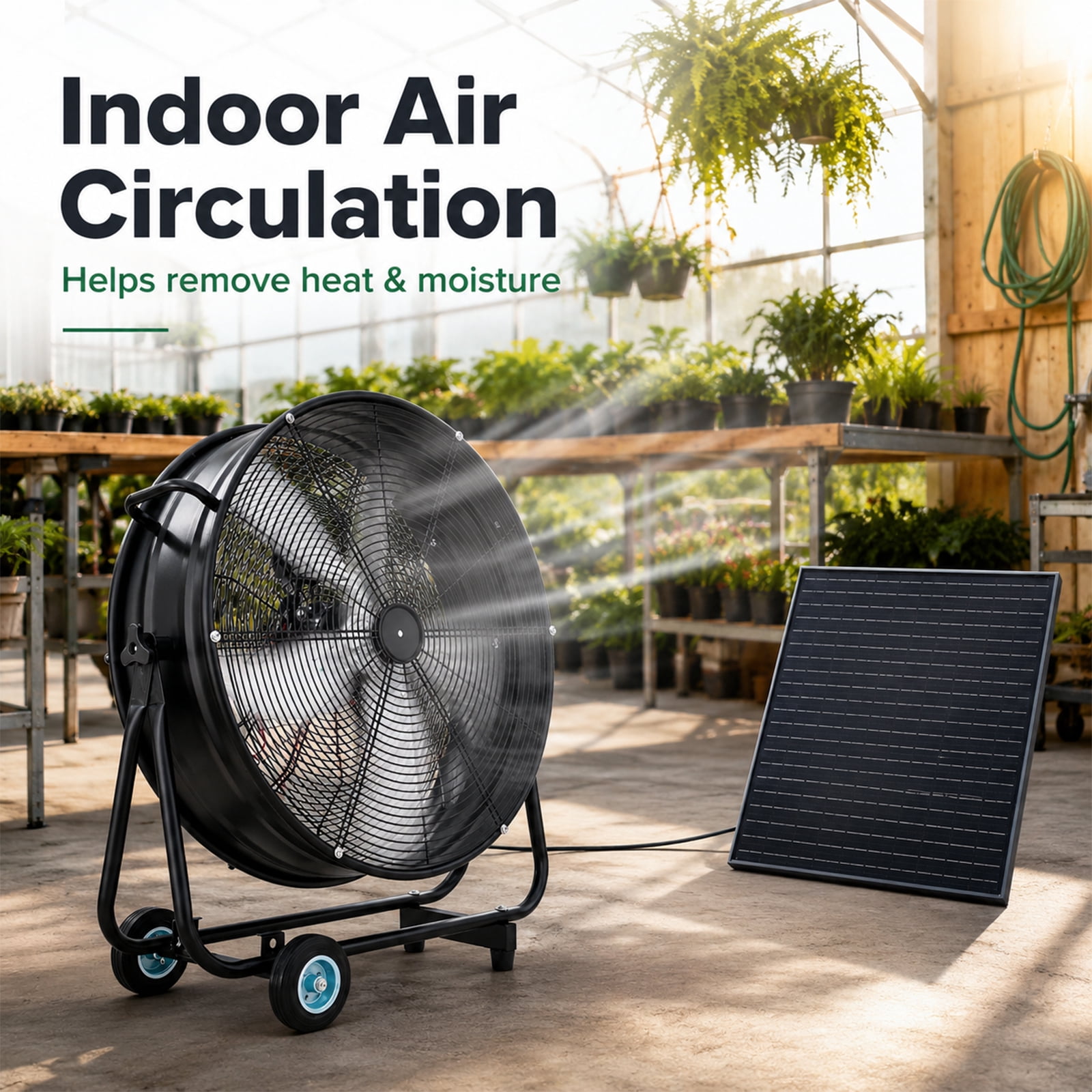 30-Inch Wheeled Solar Fan with 140W Adjustable Panel and Remote Control, 3-Speed Brushless Vent Fan for Workshop and Greenhouse, Black