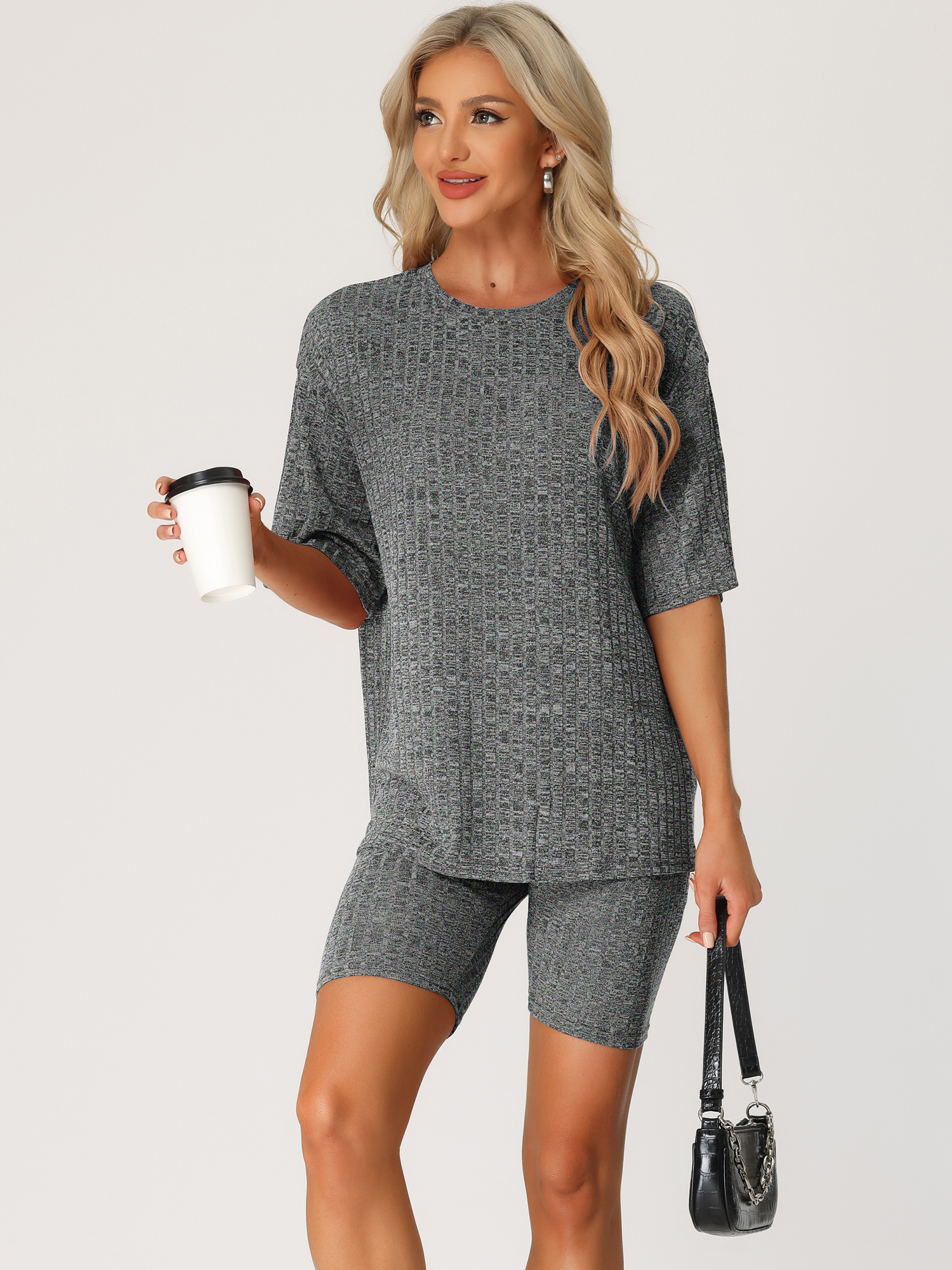DARING DIVA Women's 2-Piece Knit Soft Tracksuit Short Sleeve Sweatshirt Set XL Black Grey