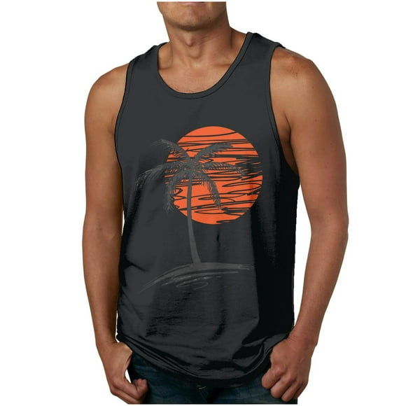 LSLJS Tank Tops Men Coconut Tree Sunset Print Sleeveless Muscle Shirt Beach Tank Tops