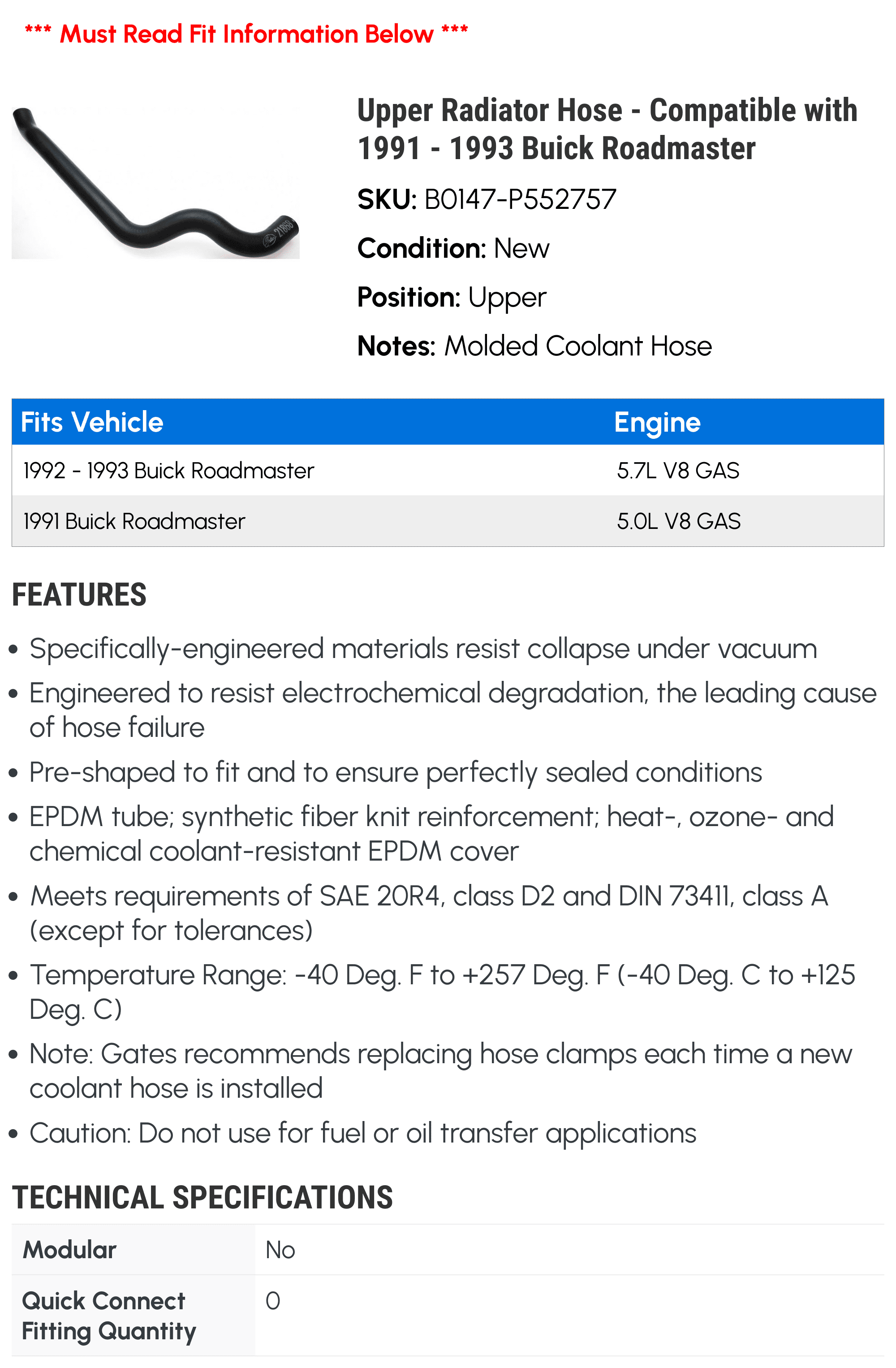 Upper Radiator Hose - Compatible with 1991 - 1993 Buick Roadmaster 1992