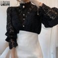 thumbnail image 5 of ZHAOCHENG Camisas de mujer, blusa vintage de encaje blanco liso, blusa holgada con botones coreanos para mujer, blusas casuales de primavera huecas para mujer, blusas blancas M, 5 of 5