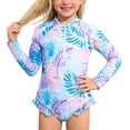 thumbnail image 1 of Girls Rash Guard Swimsuits Long Sleeve Sun Protection Ruffle Floral Pattern Kids Bathing Suits 3-4 Years, 1 of 7