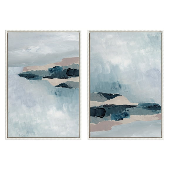 Kate and Laurel Sylvie Beaded Coast 2 v1 and Coast 2 v2 Vintage Framed Canvas Wall Art Set by Nikita Jariwala, 2 Piece Set 23x33 White, Soft Abstract Island Landscape Art for Wall Decor