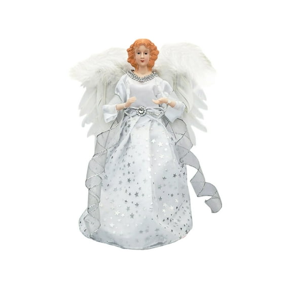 Angel Treetop Figurine Angel Christmas Tree Topper with White Feather Wing Handmade Xmas Treetop Christmas Decor for Wedding Holiday Party Supplies Christmas Trees Ornament 12 Inch