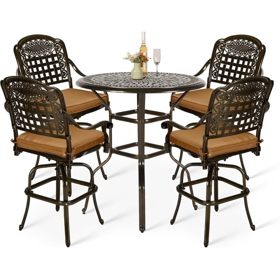 VIVIJASON 5-Piece Patio Swivel Bar Stools Set, All Weather Outdoor Cast Aluminum Bar Height Bistro Set with 4 Cushioned Bar Chairs & 35.4" High Bar Table w/Umbrella Hole for Backyard, Lawn, Garden