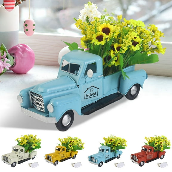 GeBuSn Vintage Truck De Cor With Sunflowers Flowers Metal Truck With LED String Lights For Tiered Tray Items Mini Sunflower Home Farmhouse Table (Blue)